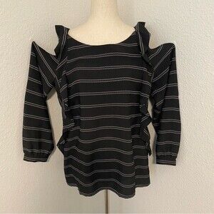 Chico's Cold Shoulder Black White Design Ruffle L Sleeve Lightweight Top Size S